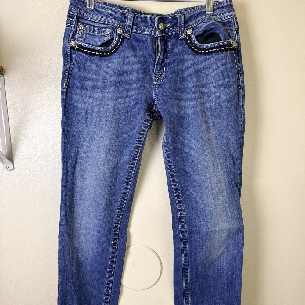 MISS ME Signature Boot Jeans Thick Stitch Flap Pocket Medium Wash Womens Size 31